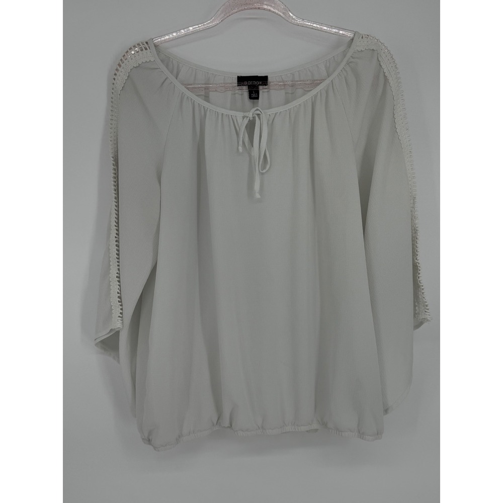 B Design White Lace Trim Gauze Blouse Bell Sleeve Tie Neck Boho Women's Sz L